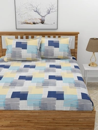 MORADO Premium Glace Cotton Elastic Fitted Double Bedsheet with 2 Pillow Covers (72x78x10 Inches, Blue Yellow) - 72x78x10 Inches, Blue