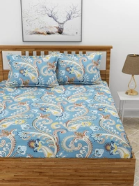 MORADO Premium Glace Cotton Elastic Fitted Double Bedsheet with 2 King Size Pillow Covers (72x78x8 Inches, Blue) - 72x78x8 Inches, Blue