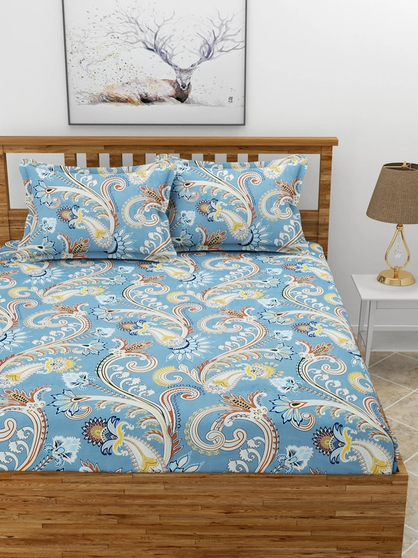 MORADO Premium Glace Cotton Elastic Fitted Double Bedsheet with 2 King Size Pillow Covers (72x78x8 Inches, Blue) - 72x78x8 Inches, Blue