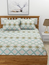 MORADO Premium Glace Cotton Elastic Fitted Double Bedsheet with 2 King Size Pillow Covers (72x78x8 Inches, Blue Offwhite) - 72x78x8 Inches, Blue