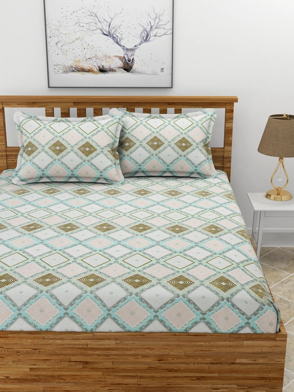 MORADO Premium Glace Cotton Elastic Fitted Double Bedsheet with 2 King Size Pillow Covers (72x78x8 Inches, Blue Offwhite) - 72x78x8 Inches, Blue