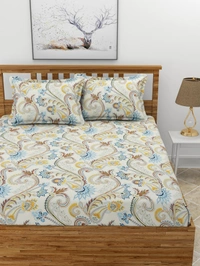 MORADO Premium Glace Cotton Elastic Fitted Double Bedsheet with 2 King Size Pillow Covers (72x78x8 Inches, Offwhite Blue) - 72x78x8 Inches