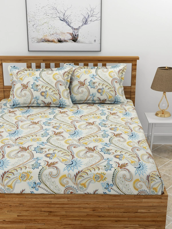 MORADO Premium Glace Cotton Elastic Fitted Double Bedsheet with 2 King Size Pillow Covers (72x78x8 Inches, Offwhite Blue) - 72x78x8 Inches