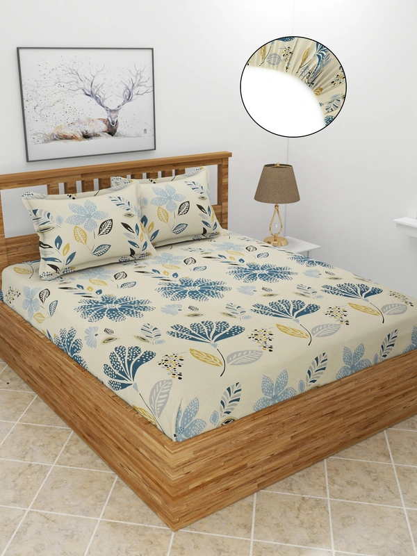 MORADO Premium Glace Cotton Elastic Fitted Double Bedsheet with 2 Pillow Covers (72x78x10 Inches, Blue Leaf) - 72x78x10 Inches