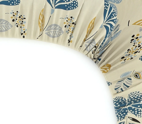 MORADO Premium Glace Cotton Elastic Fitted Double Bedsheet with 2 Pillow Covers (72x78x10 Inches, Blue Leaf) - 72x78x10 Inches