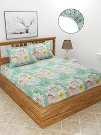 MORADO Premium Glace Cotton Elastic Fitted Double Bedsheet with 2 Pillow Covers (72x78x10 Inches, Green) - 72x78x10 Inches