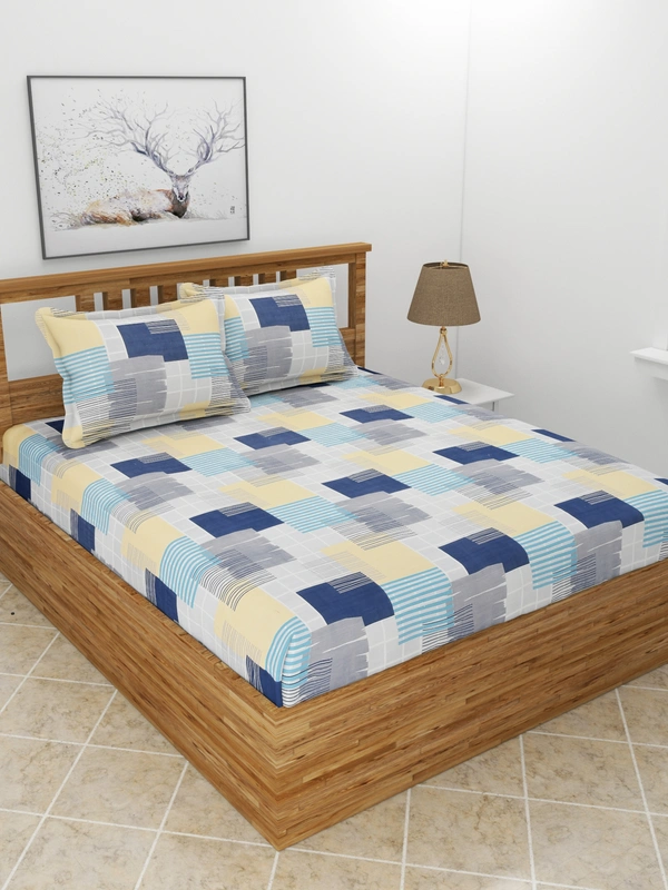 MORADO Premium Glace Cotton Elastic Fitted Double Bedsheet with 2 Pillow Covers (72x78x10 Inches, Blue Yellow) - 72x78x10 Inches, Blue