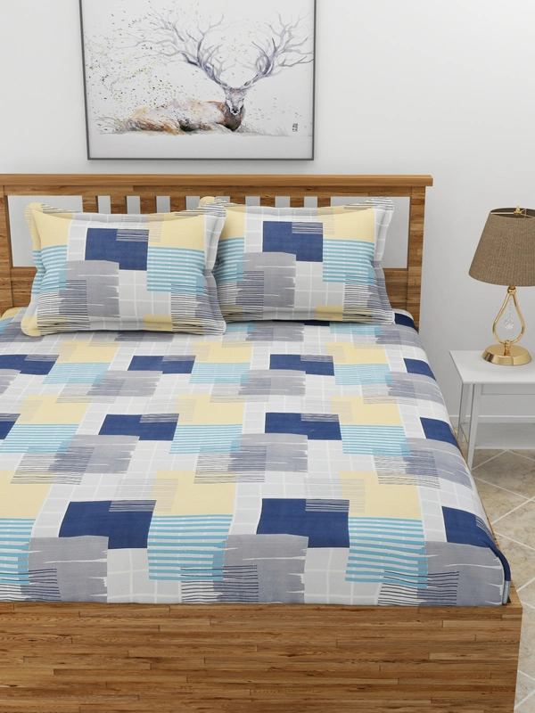 MORADO Premium Glace Cotton Elastic Fitted Double Bedsheet with 2 Pillow Covers (72x78x10 Inches, Blue Yellow) - 72x78x10 Inches, Blue