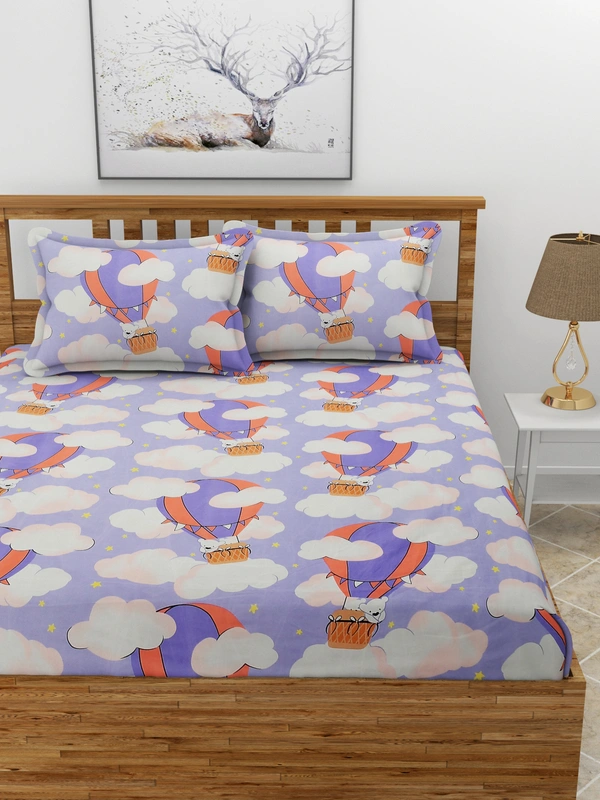 MORADO Premium Glace Cotton Elastic Fitted Double Bedsheet with 2 King Size Pillow Covers (72x78x8 Inches, Purple) - 72x78x8 Inches