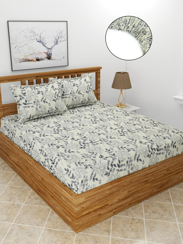 MORADO Premium Glace Cotton Elastic Fitted Double Bedsheet with 2 King Size Pillow Covers (72x78x8 Inch, Cream Black) - 72x78x8 Inches, Offwhite