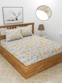 MORADO Premium Glace Cotton Elastic Fitted Double Bedsheet with 2 King Size Pillow Covers (72x78x8 Inch, Offwhite) - 72x78x8 Inches, Mutlicolor