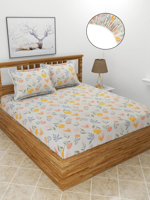 MORADO Premium Glace Cotton Elastic Fitted Double Bedsheet with 2 King Size Pillow Covers (72x78x8 Inch, Offwhite) - 72x78x8 Inches, Mutlicolor