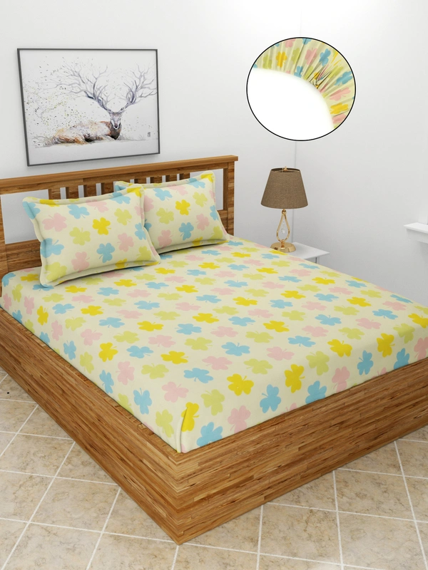 MORADO Premium Glace Cotton Elastic Fitted Double Bedsheet with 2 King Size Pillow Covers (72x78x8 Inches, Green) - 72x78x8 Inches, Mutlicolor