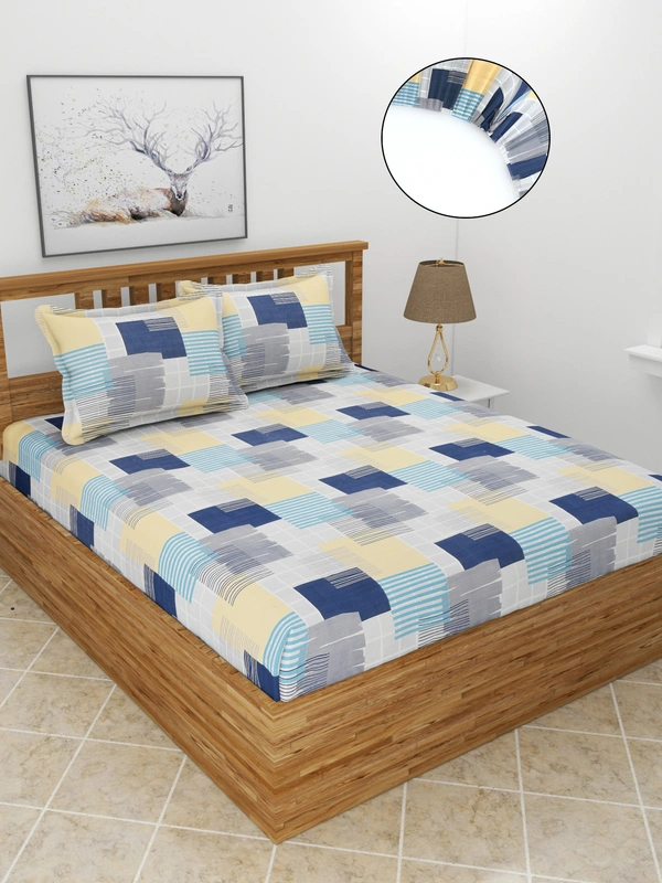 MORADO Premium Glace Cotton Elastic Fitted Double Bedsheet with 2 Pillow Covers (72x78x10 Inches, Blue Yellow) - 72x78x10 Inches, Blue