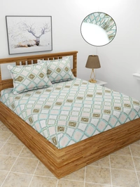 MORADO Premium Glace Cotton Elastic Fitted Double Bedsheet with 2 King Size Pillow Covers (72x78x8 Inches, Blue Offwhite) - 72x78x8 Inches, Blue