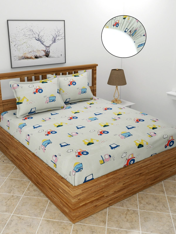 MORADO Premium Glace Cotton Elastic Fitted Double Bedsheet with 2 King Size Pillow Covers (72x78x8 Inches, Offwhite) - 72x78x8 Inches, Offwhite