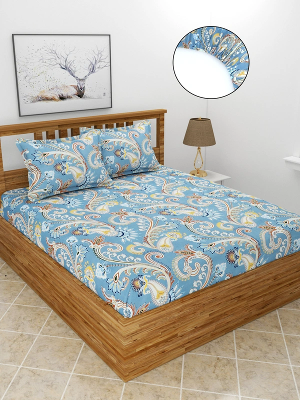 MORADO Premium Glace Cotton Elastic Fitted Double Bedsheet with 2 King Size Pillow Covers (72x78x8 Inches, Blue) - 72x78x8 Inches, Blue