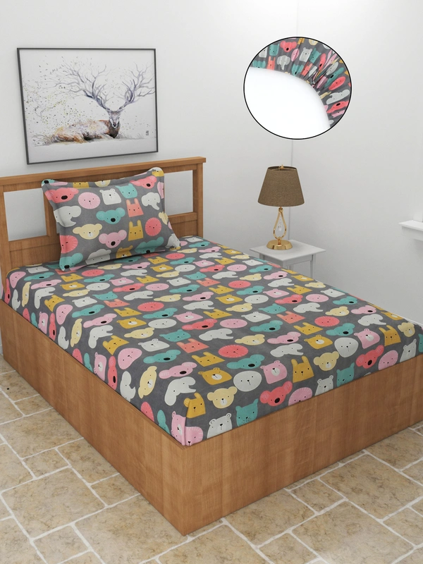 MORADO Premium Glace Cotton Elastic Fitted Single Bedsheet with 1 King Size Pillow Cover (36x72x8 Inches, Grey) - 36x72x8 Inches, Mutlicolor