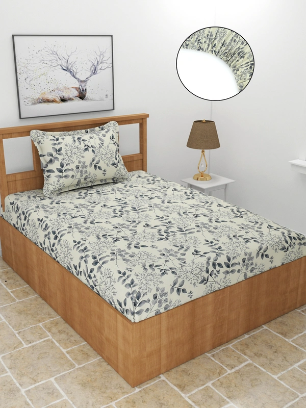 MORADO Premium Glace Cotton Elastic Fitted Single Bedsheet with 1 King Size Pillow Cover (36x72x8 Inches, Cream Black) - 36x72x8 Inches, Offwhite