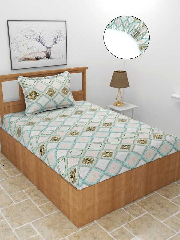 MORADO Premium Glace Cotton Elastic Fitted Single Bedsheet with 1 King Size Pillow Cover (36x72x8 Inches, Light Blue) - 36x72x8 Inches, Blue