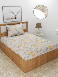 MORADO Premium Glace Cotton Elastic Fitted Single Bedsheet with 1 King Size Pillow Cover (36x72x8 Inches, Offwhite Blue) - 36x72x8 Inches, Mutlicolor