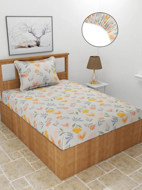 MORADO Premium Glace Cotton Elastic Fitted Single Bedsheet with 1 King Size Pillow Cover (36x72x8 Inches, Offwhite Blue) - 36x72x8 Inches, Mutlicolor