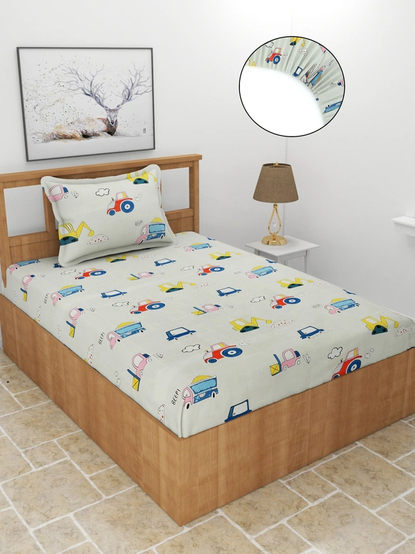 MORADO Premium Glace Cotton Elastic Fitted Single Bedsheet with 1 King Size Pillow Cover (36x72x8 Inches, Green) - 36x72x8 Inches, Offwhite