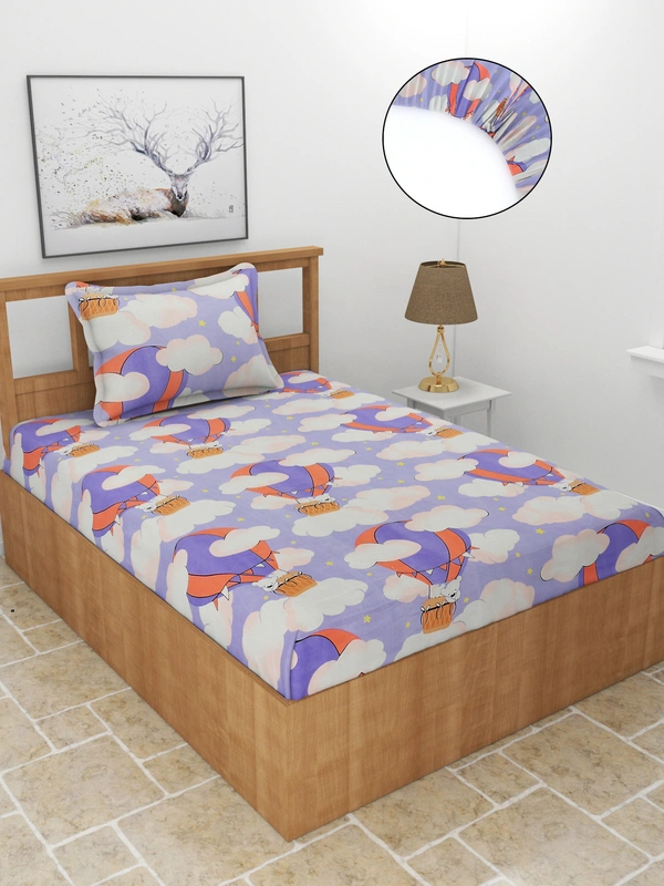 MORADO Premium Glace Cotton Elastic Fitted Single Bedsheet with 1 King Size Pillow Cover (36x72x8 Inches, Sky Blue) - 36x72x8 Inches