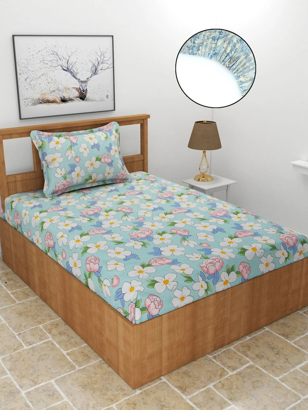 MORADO Premium Glace Cotton 210 TC Elastic Fitted Single Bedsheet with 1 Pillow Cover (36x72x8 Inches) - 36x72x8 Inches