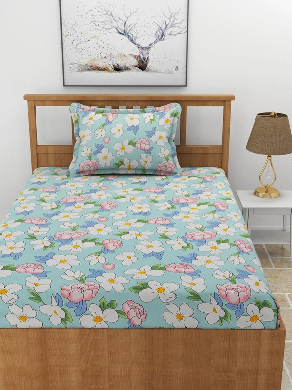 MORADO Premium Glace Cotton 210 TC Elastic Fitted Single Bedsheet with 1 Pillow Cover (36x72x8 Inches) - 36x72x8 Inches