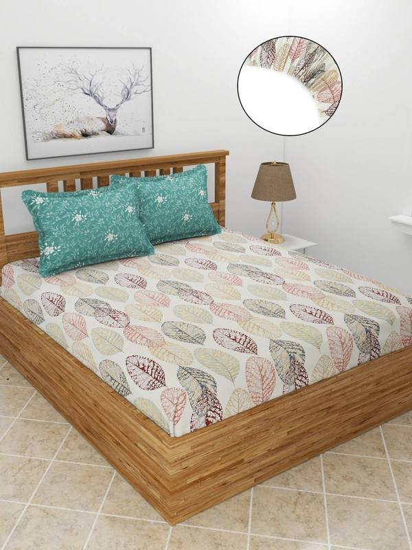 MORADO Premium Glace Cotton King Size Elastic Fitted Bedsheet with 2 Pillow Covers (72x78x8 Inches, Offwhite) - 72x78x10 Inches, Green