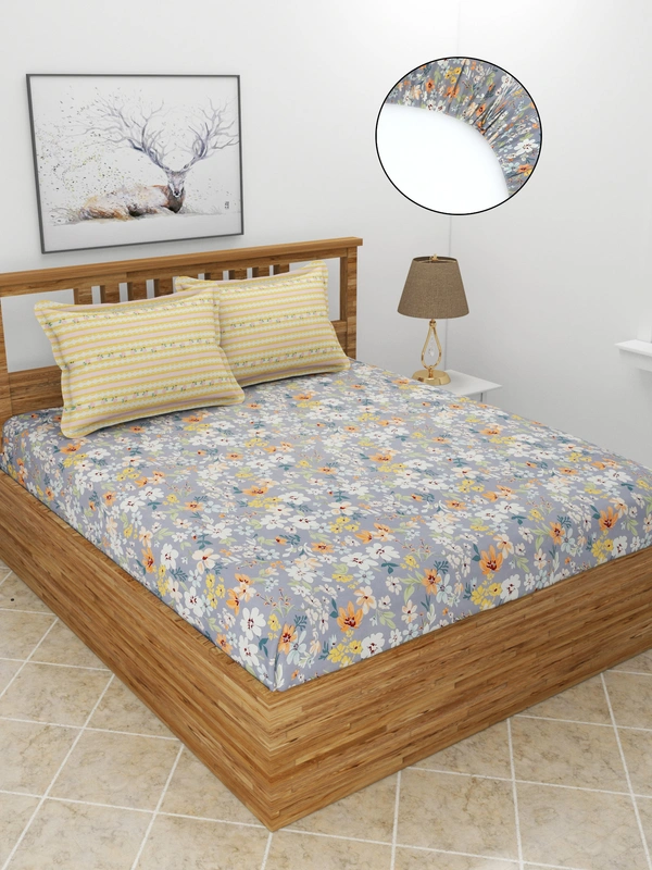 MORADO Premium Glace Cotton King Size Elastic Fitted Bedsheet with 2 Pillow Covers (72x78x8 Inches, Grey) - 72x78x10 Inches, Grey