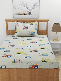 MORADO Premium Glace Cotton Elastic Fitted Single Bedsheet with 1 King Size Pillow Cover (36x72x8 Inches, Green) - 36x72x8 Inches