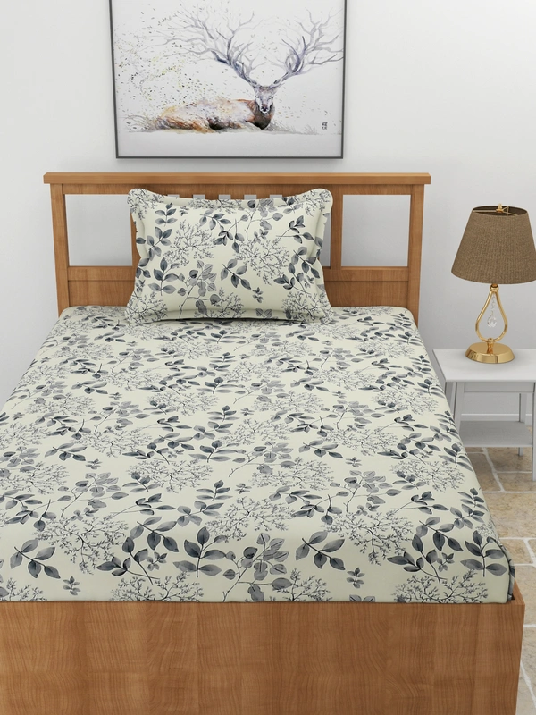 MORADO Premium Glace Cotton Elastic Fitted Single Bedsheet with 1 King Size Pillow Cover (36x72x8 Inches, Cream Black) - 36x72x8 Inches, Offwhite