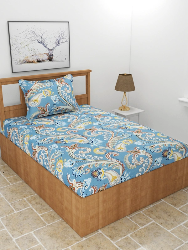 MORADO Premium Glace Cotton Elastic Fitted Single Bedsheet with 1 King Size Pillow Cover (36x72x8 Inches, Blue) - 36x72x8 Inches, Blue