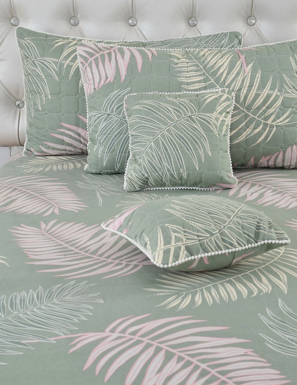 MORADO Glace Cotton 5 Pcs with Beautiful White Pompom Lace Bedding Set | Double Bed Size Bedsheet with 2 Pillow Covers and 2 Filled Cushions (90x100 Inches - Green) - 90x100 Inches, Green