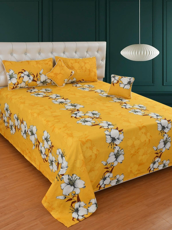 MORADO Glace Cotton 5 Pcs with Beautiful White Pompom Lace Bedding Set | Double Bed Size Bedsheet with 2 Pillow Covers and 2 Filled Cushions (90x100 Inches - Mustard) - 90x100 Inches, Mustard