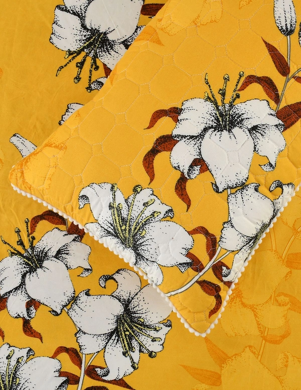 MORADO Glace Cotton 5 Pcs with Beautiful White Pompom Lace Bedding Set | Double Bed Size Bedsheet with 2 Pillow Covers and 2 Filled Cushions (90x100 Inches - Mustard) - 90x100 Inches, Mustard