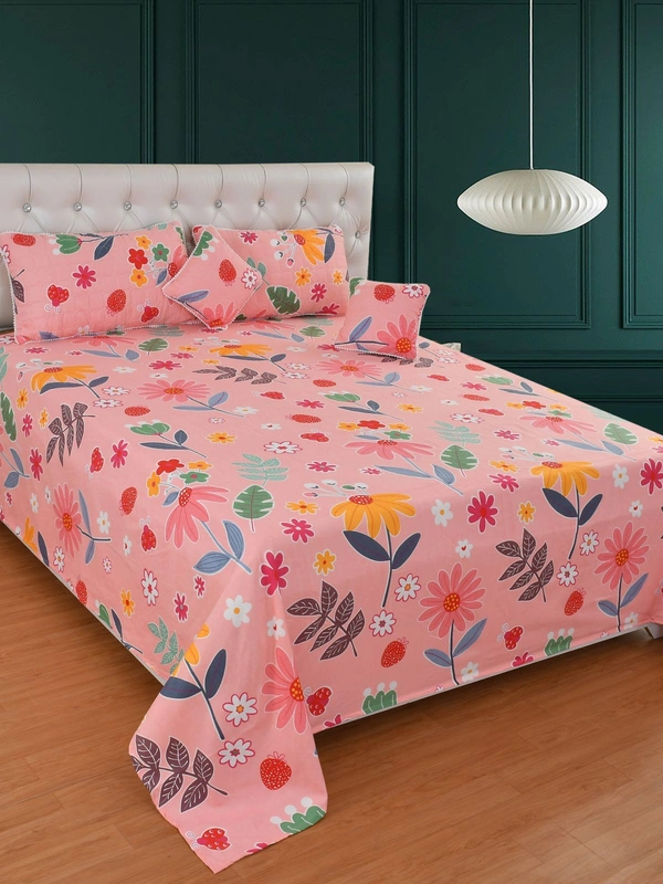 MORADO Glace Cotton 5 Pcs with Beautiful White Pompom Lace Bedding Set | Double Bed Size Bedsheet with 2 Pillow Covers and 2 Filled Cushions (90x100 Inches - Pink) - 90x100 Inches, Pink