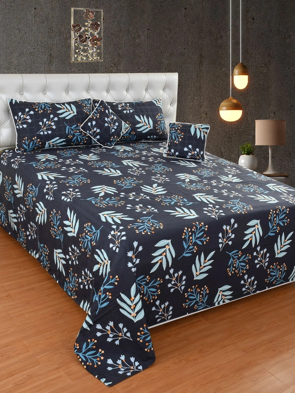 MORADO Glace Cotton 5 Pcs with Beautiful White Pompom Lace Bedding Set | Double Bed Size Bedsheet with 2 Pillow Covers and 2 Filled Cushions (90x100 Inches - Dark Blue) - 90x100 Inches, Dark Blue