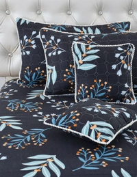 MORADO Glace Cotton 5 Pcs with Beautiful White Pompom Lace Bedding Set | Double Bed Size Bedsheet with 2 Pillow Covers and 2 Filled Cushions (90x100 Inches - Dark Blue) - 90x100 Inches, Dark Blue