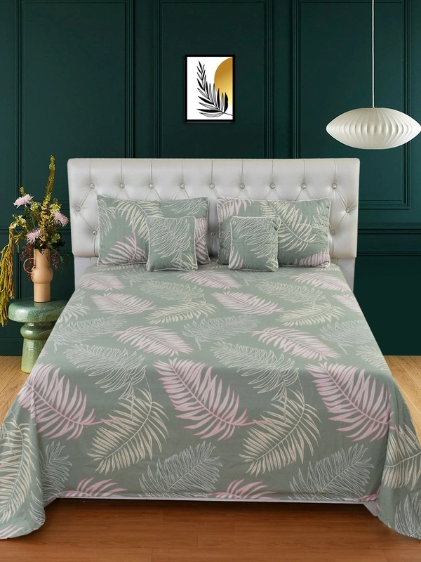 MORADO Glace Cotton 5 Pcs with Beautiful White Pompom Lace Bedding Set | Double Bed Size Bedsheet with 2 Pillow Covers and 2 Filled Cushions (90x100 Inches - Green) - 90x100 Inches, Green