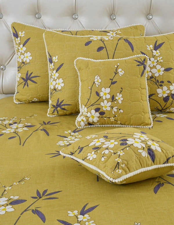 MORADO Glace Cotton 5 Pcs with Beautiful White Pompom Lace Bedding Set | Double Bed Size Bedsheet with 2 Pillow Covers and 2 Filled Cushions (90x100 Inches - Green) - 90x100 Inches, Green