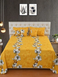 MORADO Glace Cotton 5 Pcs with Beautiful White Pompom Lace Bedding Set | Double Bed Size Bedsheet with 2 Pillow Covers and 2 Filled Cushions (90x100 Inches - Mustard) - 90x100 Inches, Mustard