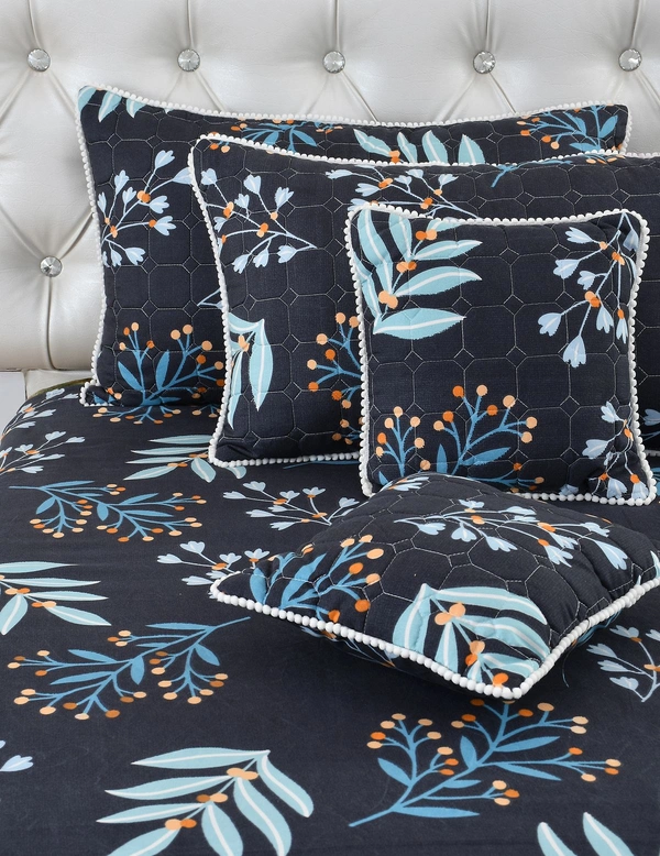 MORADO Glace Cotton 5 Pcs with Beautiful White Pompom Lace Bedding Set | Double Bed Size Bedsheet with 2 Pillow Covers and 2 Filled Cushions (90x100 Inches - Dark Blue) - 90x100 Inches, Dark Blue