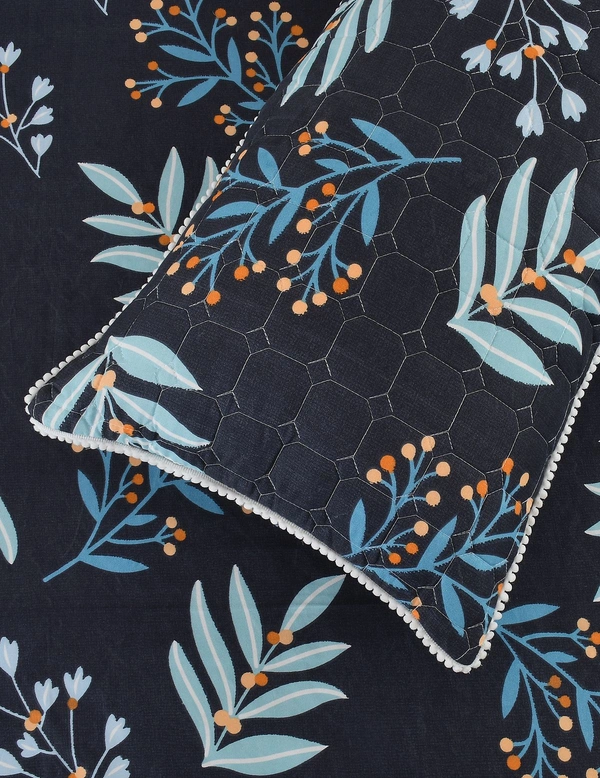 MORADO Glace Cotton 5 Pcs with Beautiful White Pompom Lace Bedding Set | Double Bed Size Bedsheet with 2 Pillow Covers and 2 Filled Cushions (90x100 Inches - Dark Blue) - 90x100 Inches, Dark Blue