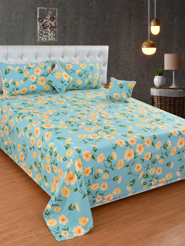 MORADO Glace Cotton 5 Pcs with Beautiful White Pompom Lace Bedding Set | Double Bed Size Bedsheet with 2 Pillow Covers and 2 Filled Cushions (90x100 Inches - Light Green) - 90x100 Inches, Light Green