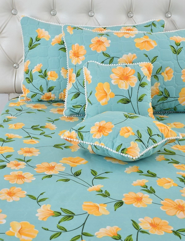 MORADO Glace Cotton 5 Pcs with Beautiful White Pompom Lace Bedding Set | Double Bed Size Bedsheet with 2 Pillow Covers and 2 Filled Cushions (90x100 Inches - Light Green) - 90x100 Inches, Light Green