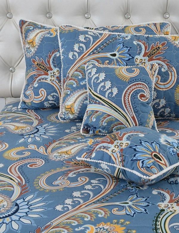 MORADO Glace Cotton 5 Pcs with Beautiful White Pompom Lace Bedding Set | Double Bed Size Bedsheet with 2 Pillow Covers and 2 Filled Cushions (90x100 Inches - Blue) - 90x100 Inches, Blue