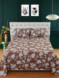 MORADO Glace Cotton 5 Pcs with Beautiful White Pompom Lace Bedding Set | Double Bed Size Bedsheet with 2 Pillow Covers and 2 Filled Cushions (90x100 Inches - Coffee) - 90x100 Inches, Coffee